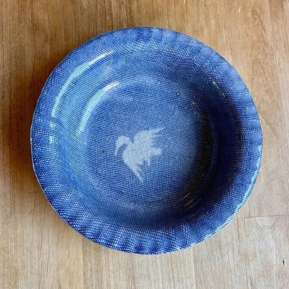 Beautiful Artisan Handmade Art Pottery 6” Bowl One Of A Kind Blue Crackle Bird
